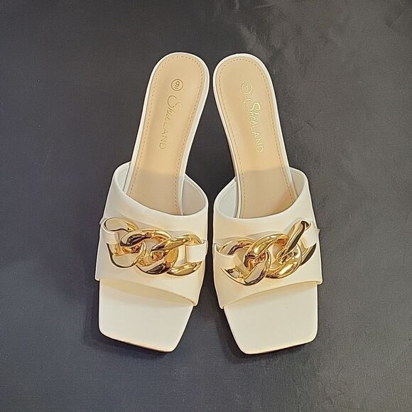 BRAND NEW SHOELAND SQUARE TOE SLIP-ON FOOT OPEN TOE GOLD CHAIN LINKING S… - Picture 3 of 16